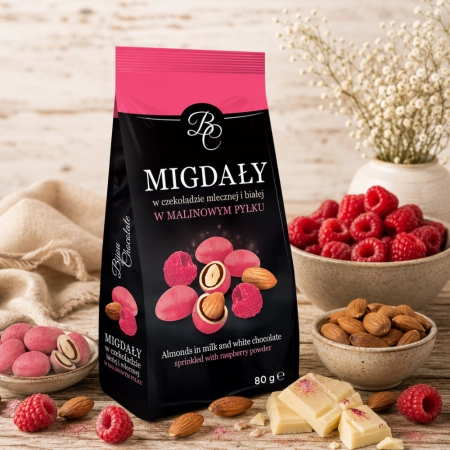 Migdały w czekoladzie mlecznej i białej w malinowym pyłku 80g